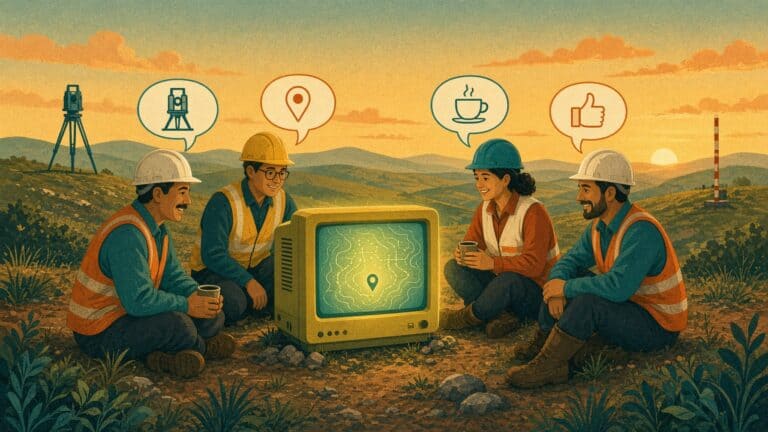 Illustration of four land surveyors in hard hats and safety vests gathered around a glowing vintage computer monitor at sunset, chatting in speech bubbles.