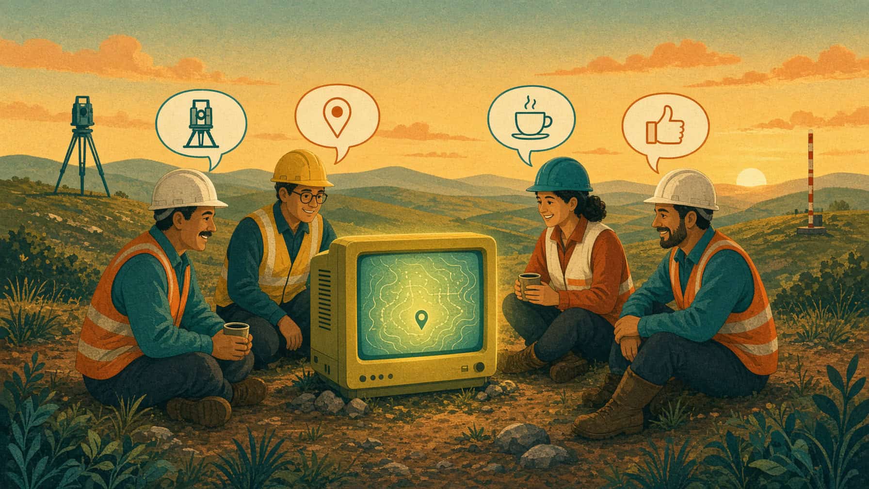 Illustration of four land surveyors in hard hats and safety vests gathered around a glowing vintage computer monitor at sunset, chatting in speech bubbles.