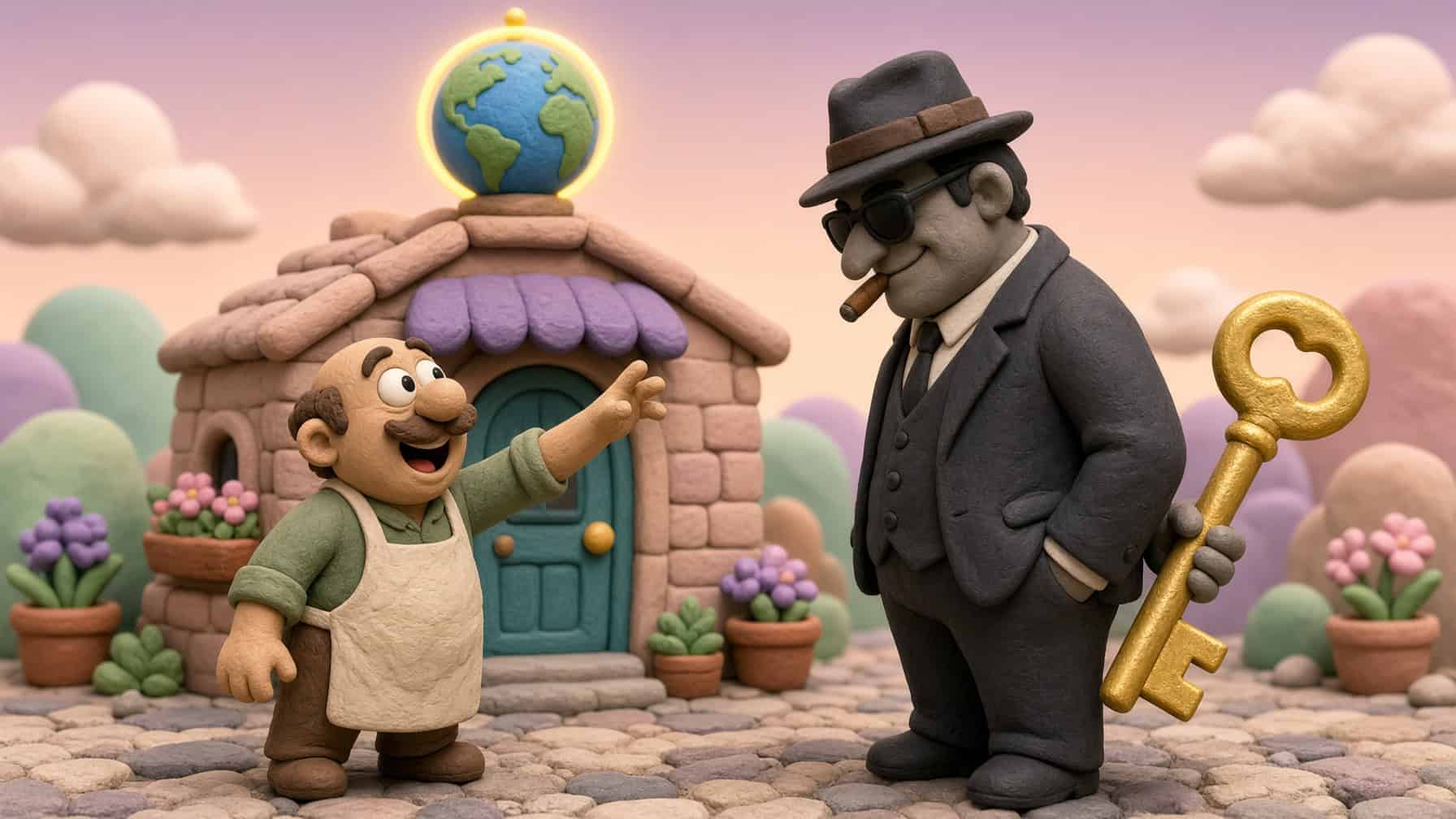 Claymation-style illustration of a shady character in a suit, fedora and sunglasses holding a giant golden key behind his back while a cheerful shop owner reaches for it in front of a small shop topped with a glowing globe.