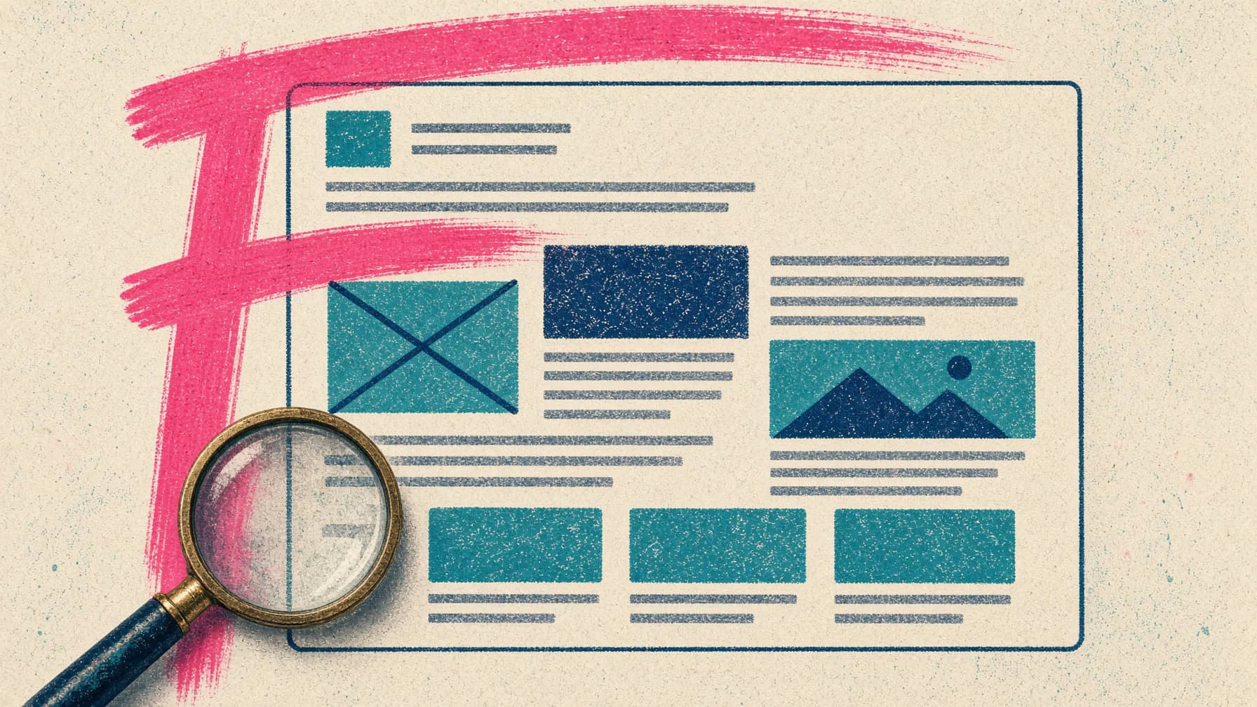 Risograph-style illustration of a web page wireframe with a pink highlighter trail forming a capital F across the top and down the left side, and a magnifying glass in the corner.