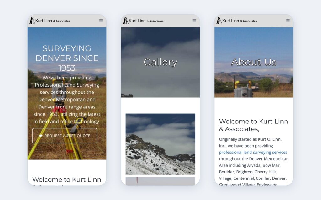 Kurt Linn & Associates website shown on three phone screens