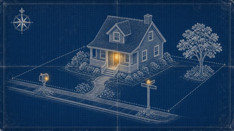 Blueprint-style drawing of a small house on a surveyed lot with dashed property lines, a glowing mailbox at the curb, a glowing street sign and a lit front door.