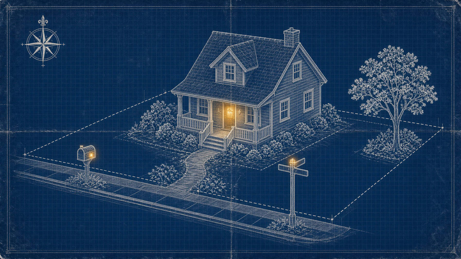 Blueprint-style drawing of a small house on a surveyed lot with dashed property lines, a glowing mailbox at the curb, a glowing street sign and a lit front door.