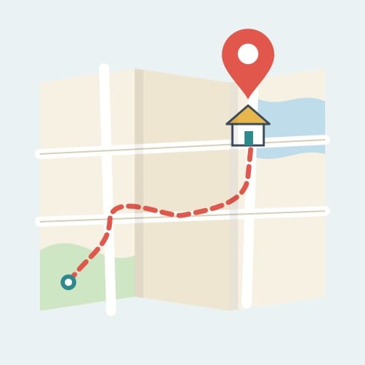 Illustration of a folded street map with a dashed route leading to a small house marked by a red location pin