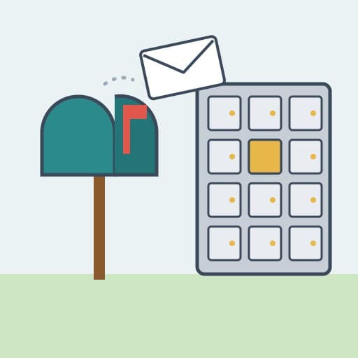 Illustration of a curbside mailbox next to a wall of post office boxes, with an envelope flying between them