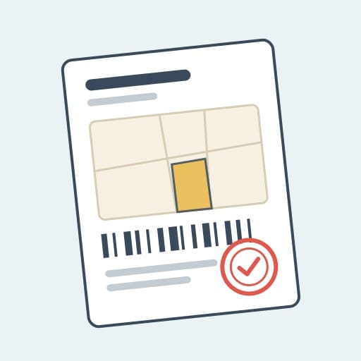 Illustration of a property record with a parcel map, a highlighted lot, an ID barcode and an approval stamp