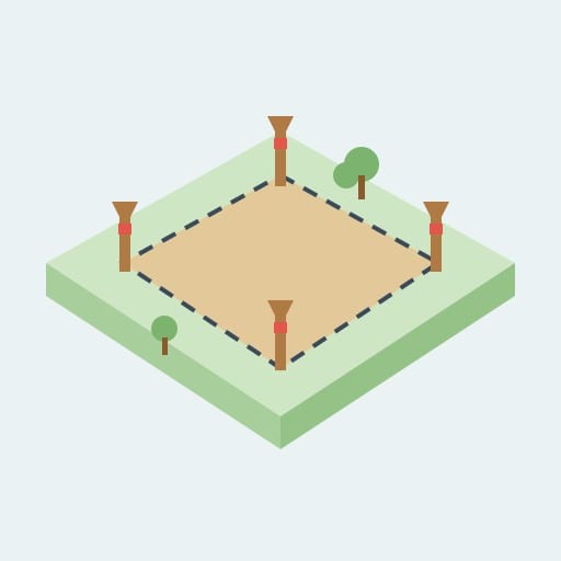 Illustration of a surveyed parcel of land with stakes at each corner and a dashed property line