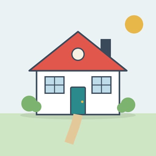 Illustration of a simple house with a red roof, a teal front door and shrubs
