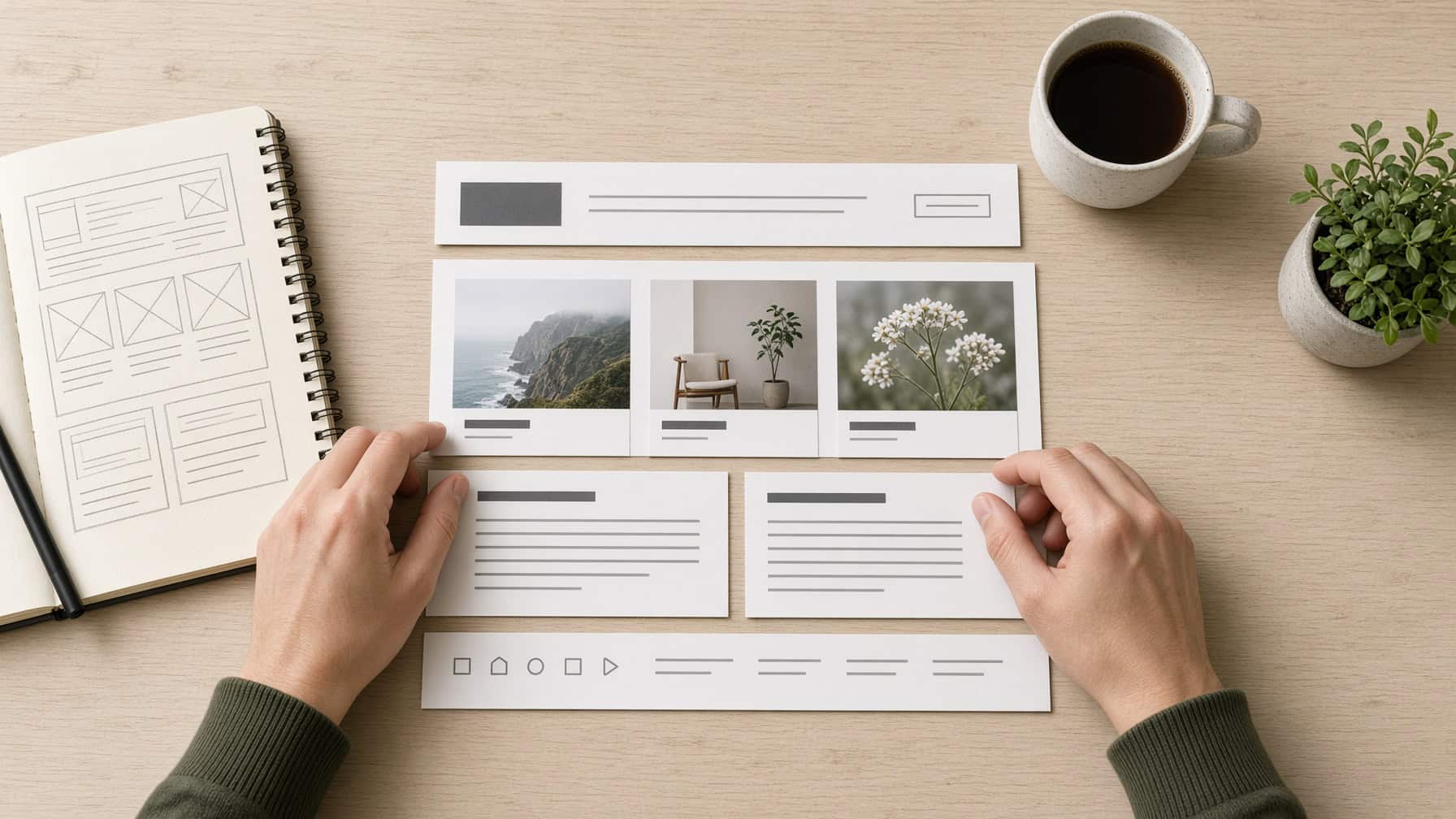 Overhead view of hands arranging printed cards of photos and text into a website layout on a wooden desk, next to a sketchbook of wireframes, a cup of coffee and a small plant.