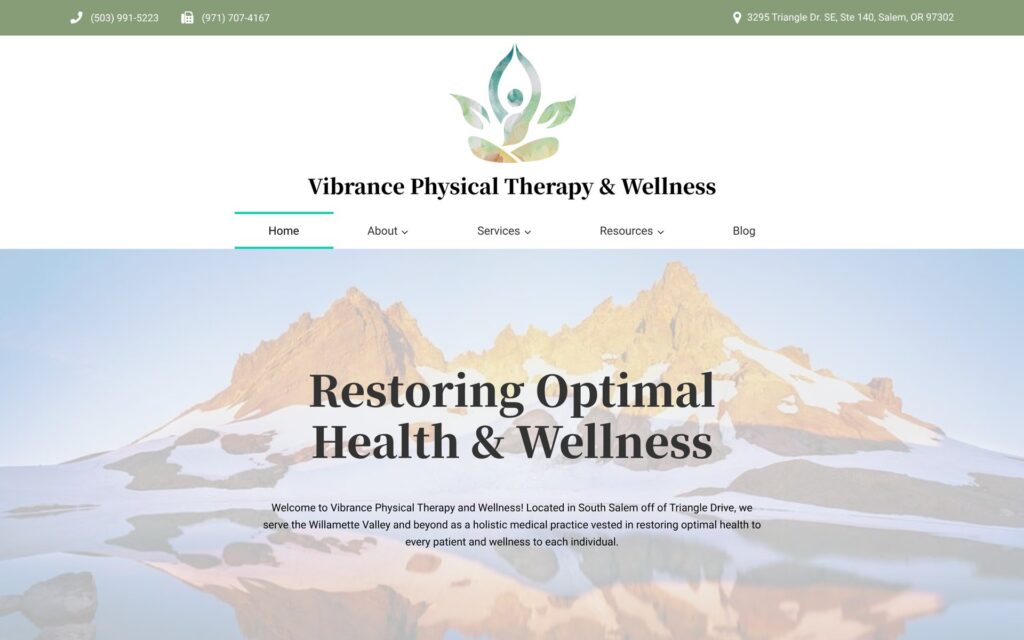 Vibrance Physical Therapy website homepage