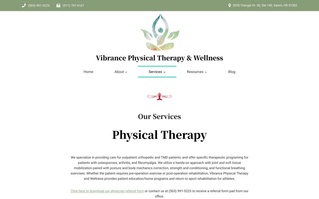 Vibrance Physical Therapy website services page