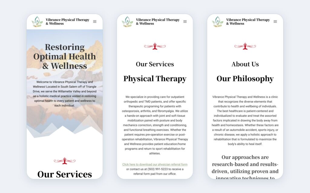Vibrance Physical Therapy website shown on three phone screens
