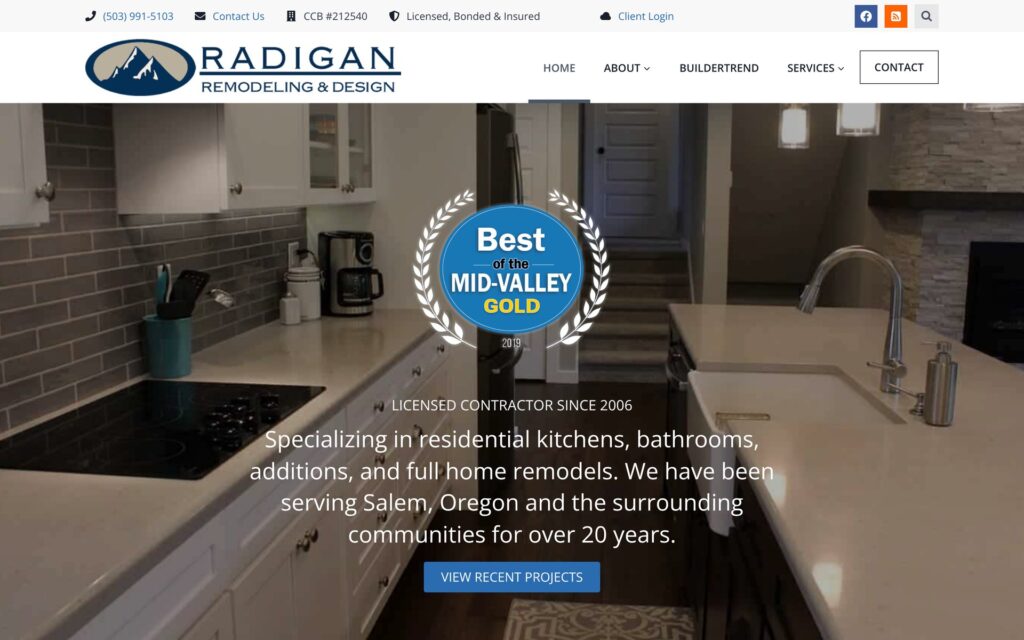 Radigan Remodeling website homepage