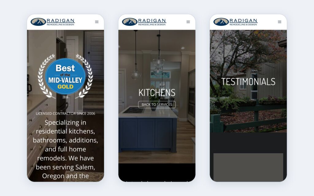 Radigan Remodeling website shown on three phone screens