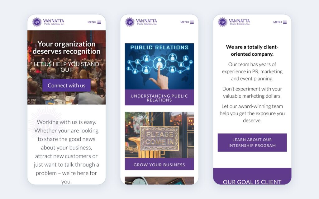 VanNatta Public Relations website shown on three phone screens