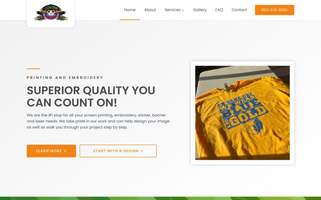 Alligator Screen Printing website homepage