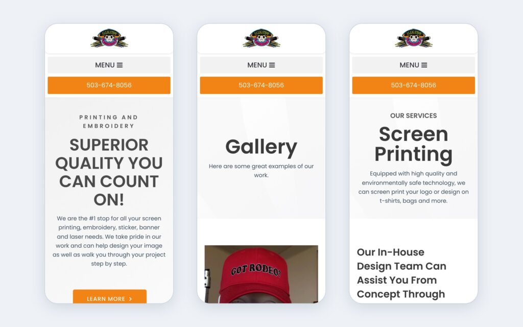 Alligator Screen Printing website shown on three phone screens