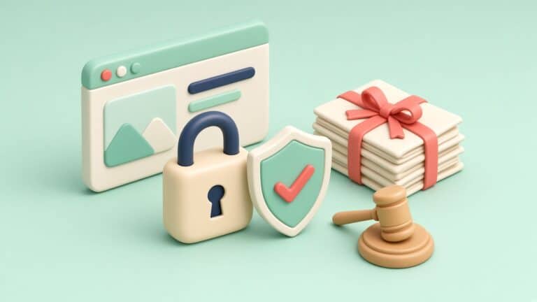 3D illustration of a browser window with a padlock and a checkmark shield in front of it, next to a stack of documents tied with a red ribbon and a wooden gavel.