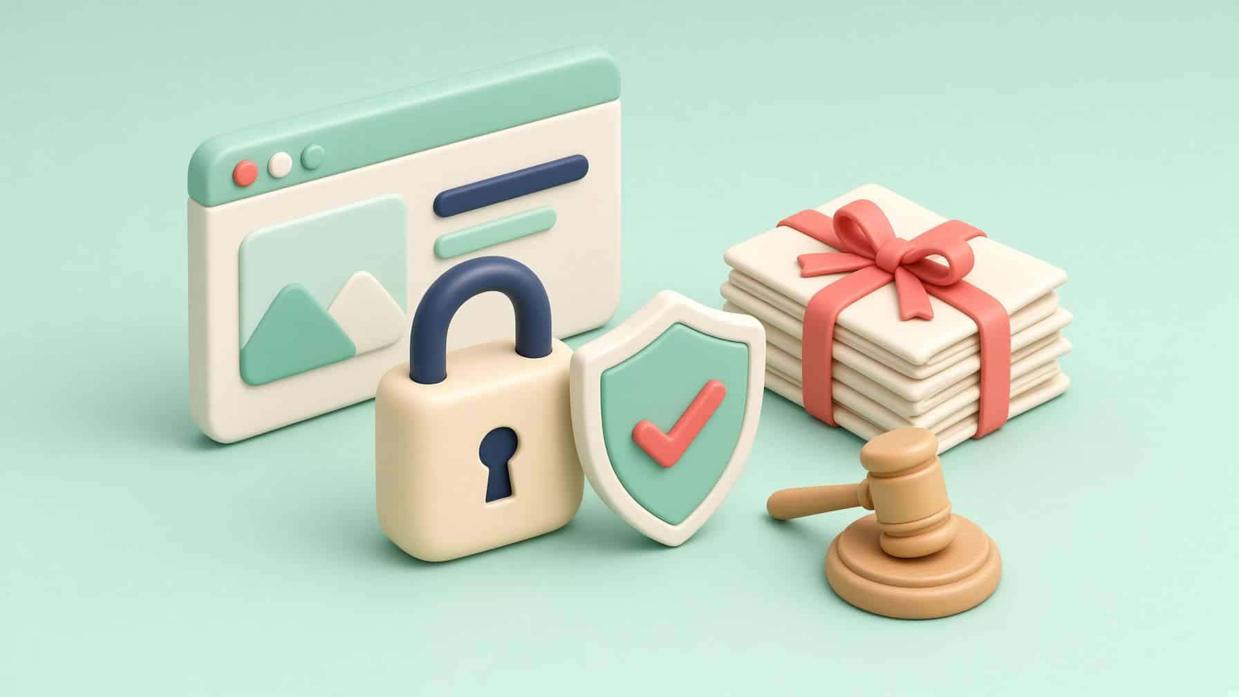 3D illustration of a browser window with a padlock and a checkmark shield in front of it, next to a stack of documents tied with a red ribbon and a wooden gavel.