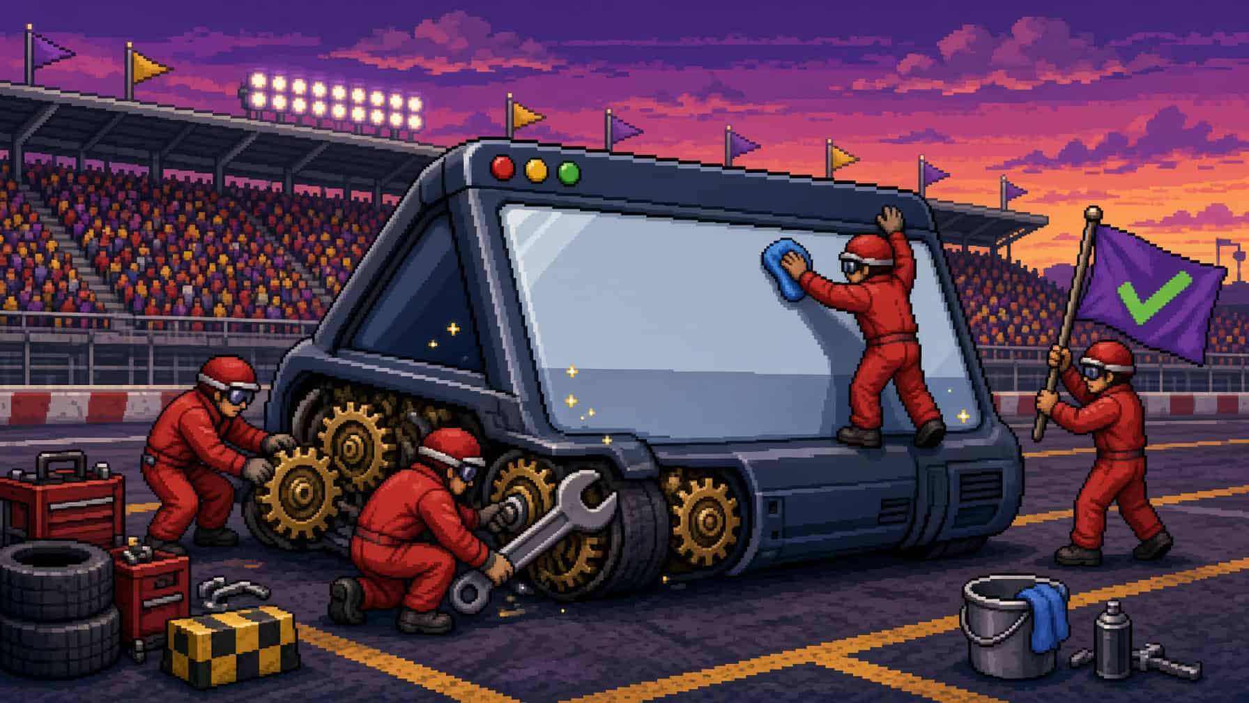 Pixel art of a pit crew working on a giant browser window like a race car, swapping gears, tightening bolts, polishing the screen and waving a checkmark flag.