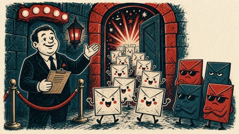 Linocut-style illustration of a smiling bouncer with a clipboard waving happy envelopes past a velvet rope into a glowing doorway, while grumpy envelopes in sunglasses wait outside.