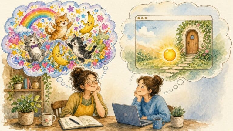 Watercolor illustration of a business owner daydreaming about a website full of kittens, dancing bananas and rainbows, while a customer at a laptop daydreams about a simple website with a clear path to a friendly front door.