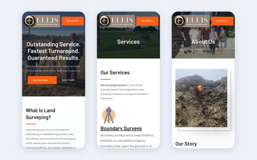 Ellis Surveying Services website shown on three phone screens