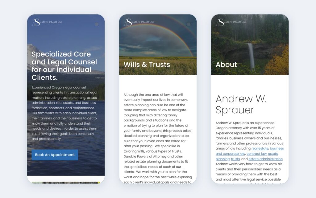 Andrew Sprauer Law website shown on three phone screens