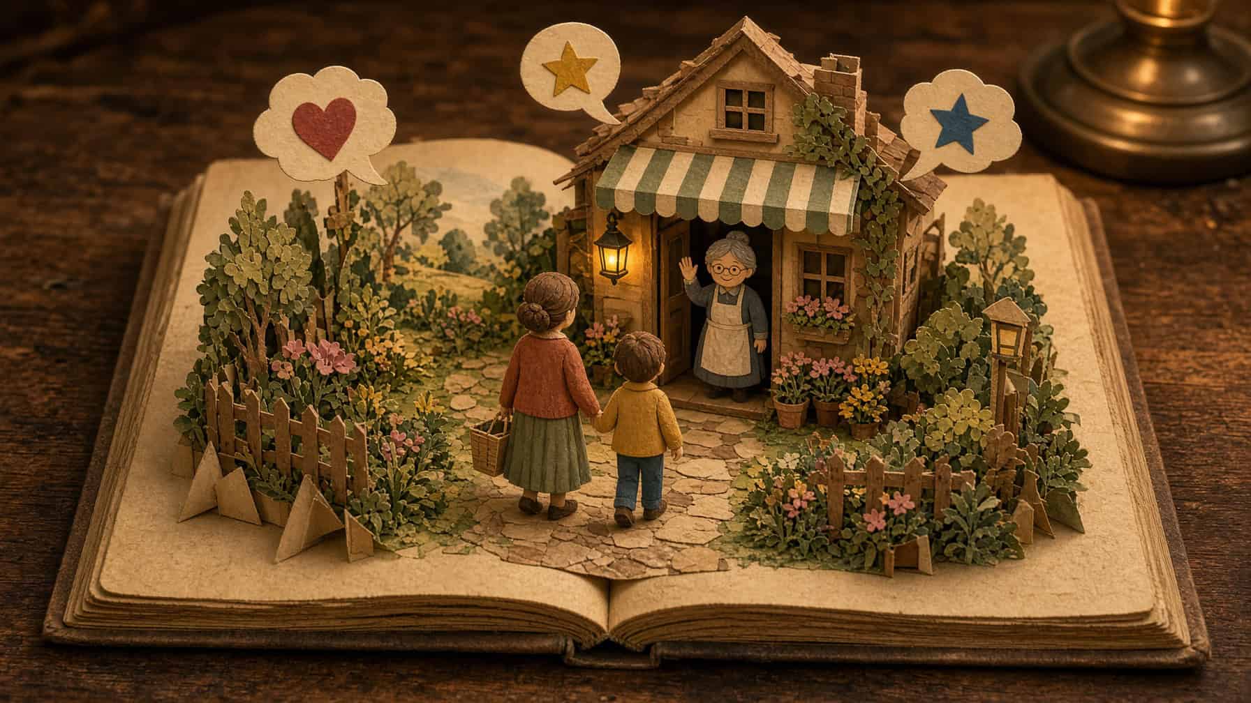 An open pop-up book showing a small paper shop with a striped awning, a shopkeeper waving from the doorway and a parent and child walking up the path, with heart and star speech bubbles above.