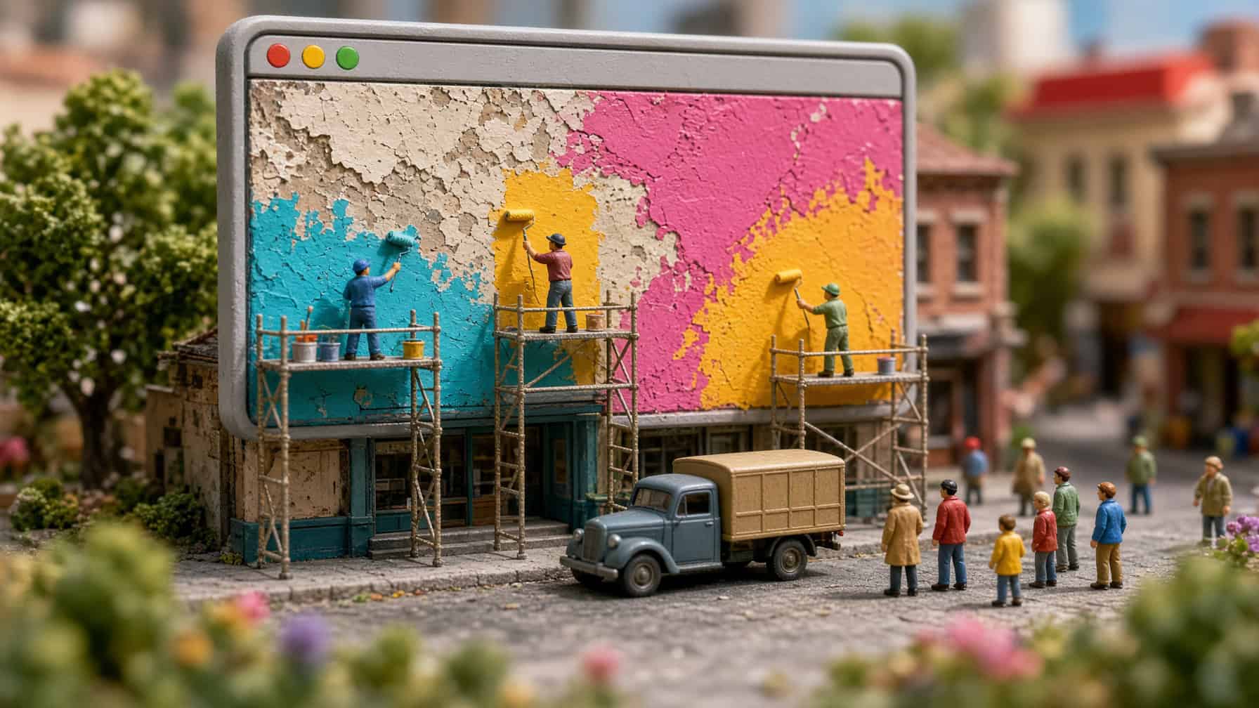 Miniature scene of tiny painters on scaffolding rolling bright new colors over the faded, peeling front of a storefront shaped like a web browser, as small figures watch from the street.