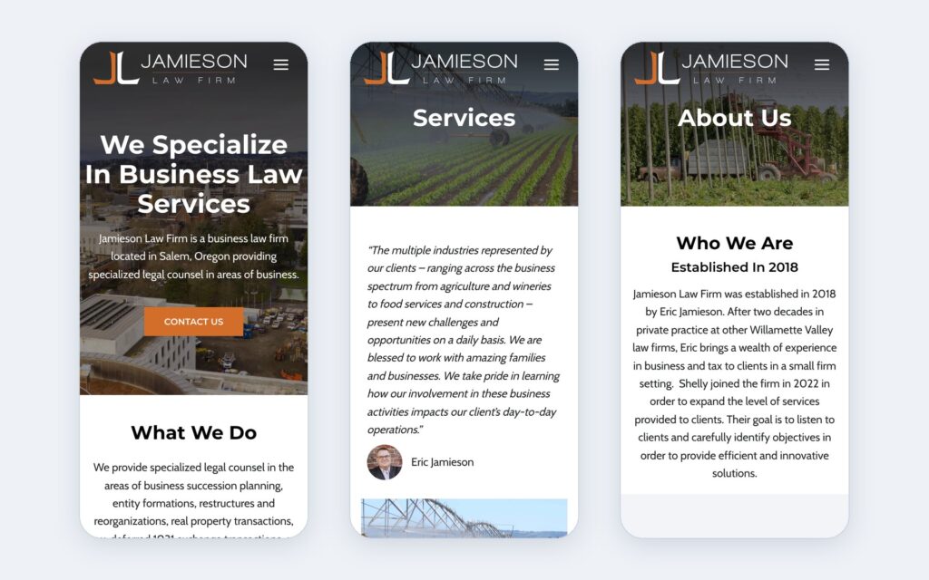 Jamieson Law Firm website shown on three phone screens