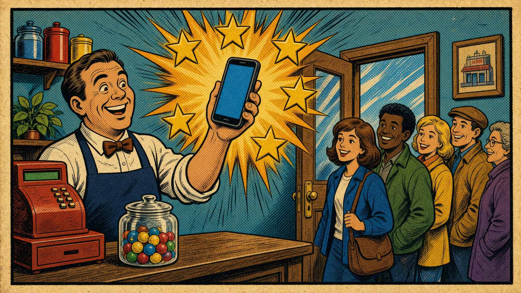 Vintage comic-style illustration of a delighted shop owner holding up a phone that bursts with five golden stars, while a line of smiling customers comes through the door.