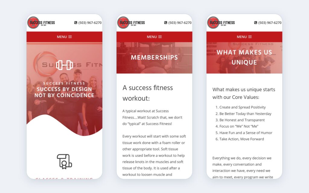 Success Fitness website shown on three phone screens