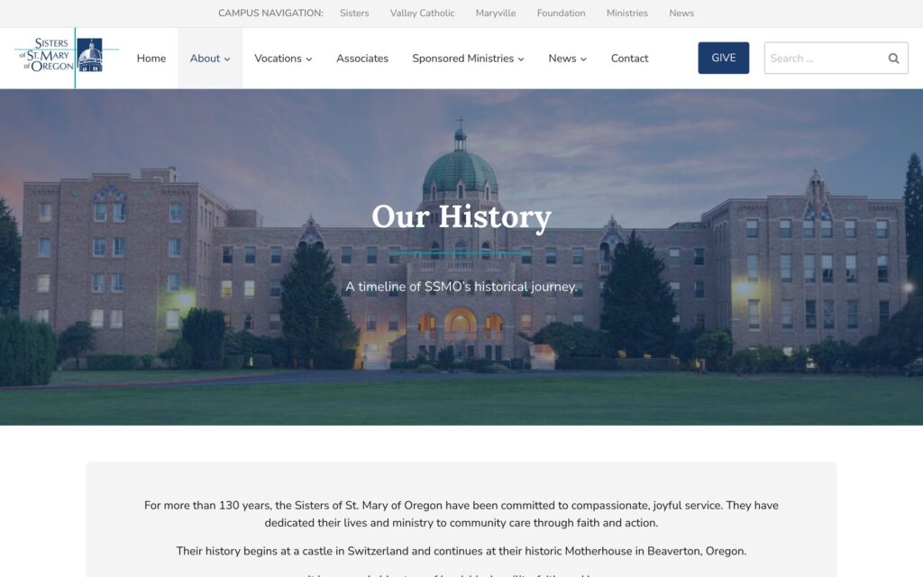 Sisters of St. Mary of Oregon website history page