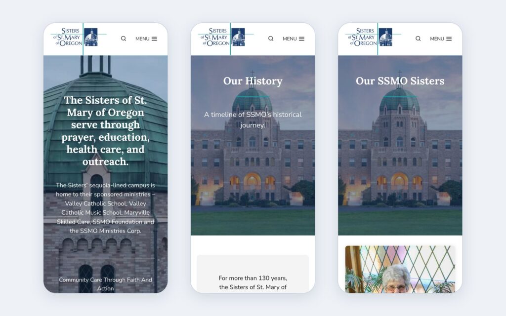 Sisters of St. Mary of Oregon website shown on three phone screens