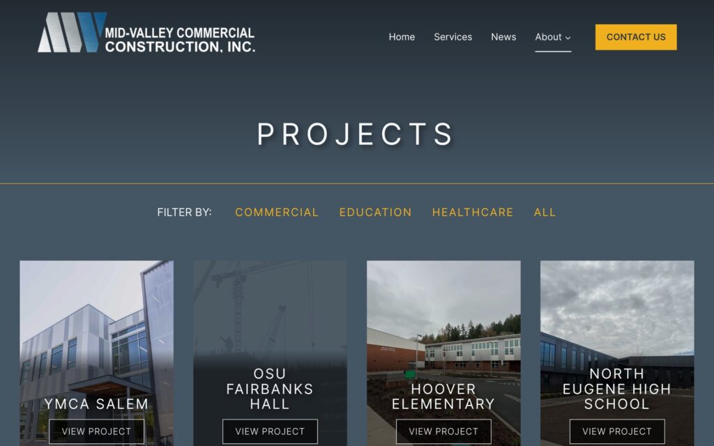 Mid-Valley Commercial Construction website projects page