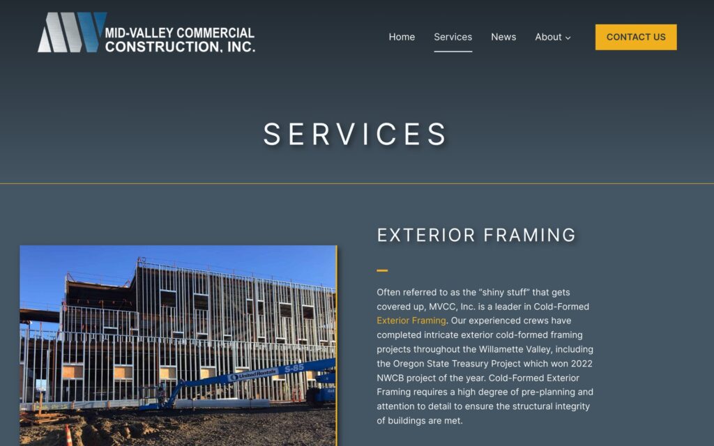Mid-Valley Commercial Construction website services page