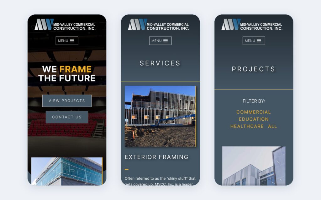 Mid-Valley Commercial Construction website shown on three phone screens