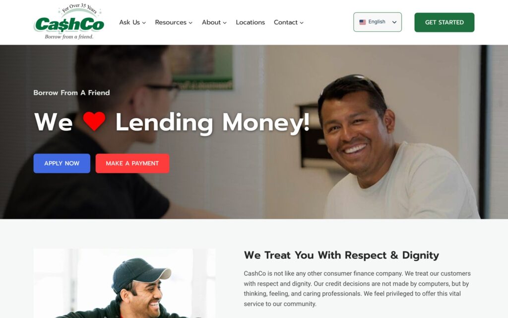 CashCo Financial Services website homepage