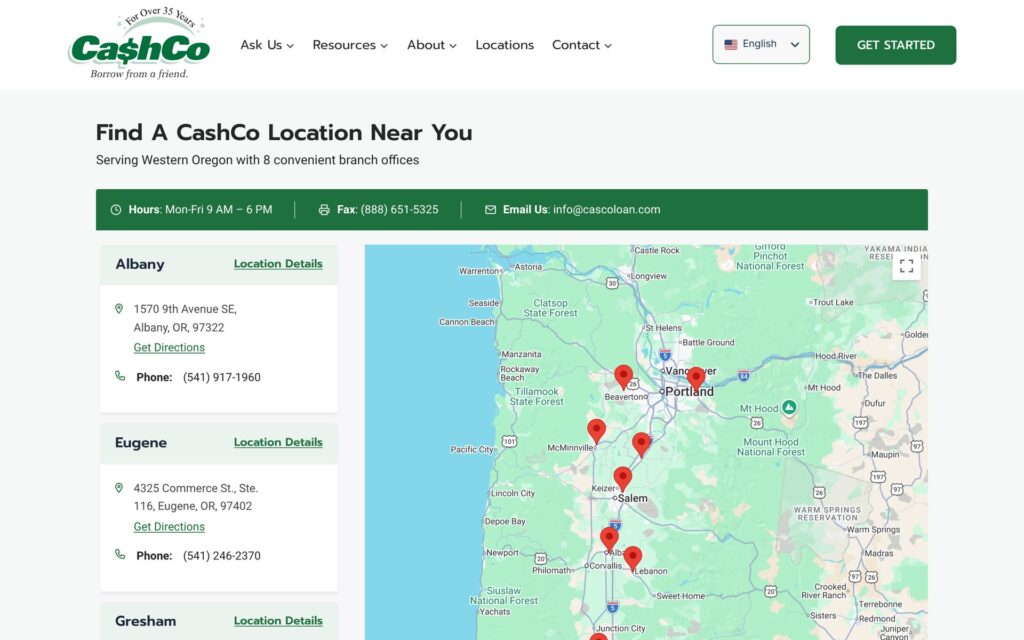 CashCo Financial Services website locations page