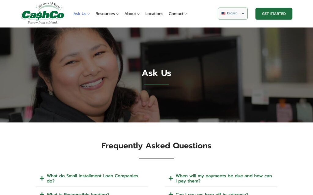 CashCo Financial Services website FAQ page