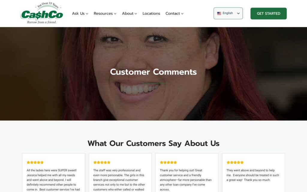 CashCo Financial Services website customer comments page