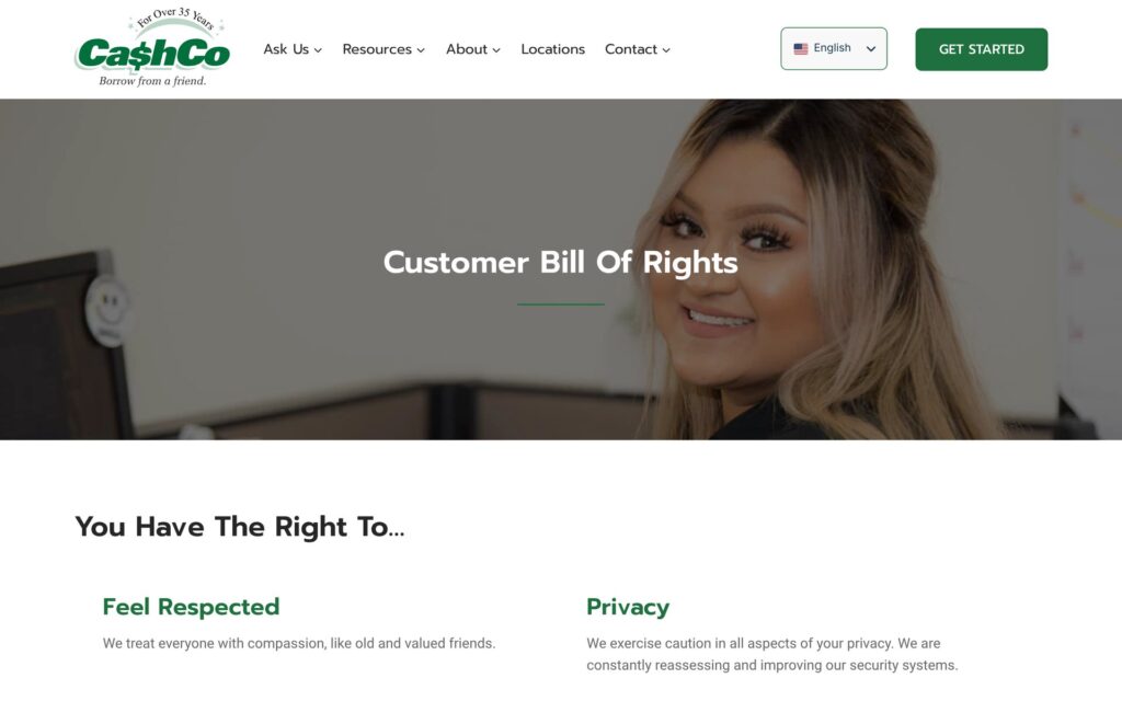 CashCo Financial Services website Customer Bill of Rights page