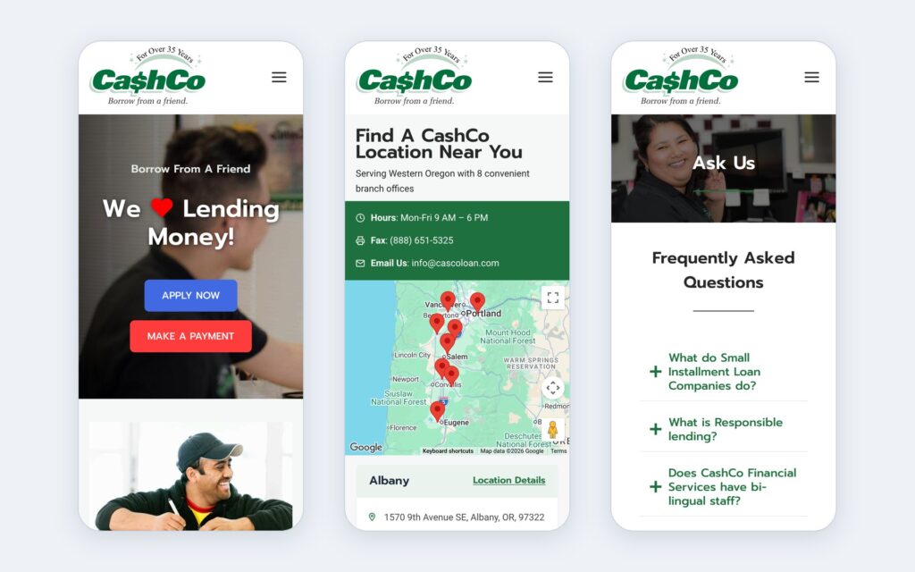 CashCo Financial Services website shown on three phone screens