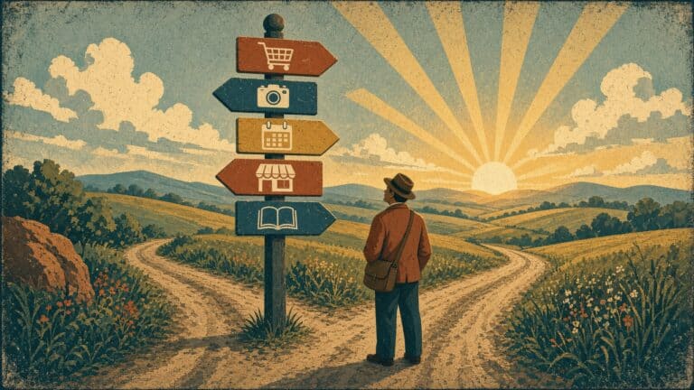 Vintage travel poster illustration of a traveler at a fork in a country road, looking up at a signpost with arrows showing a shopping cart, a camera, a calendar, a storefront and an open book.
