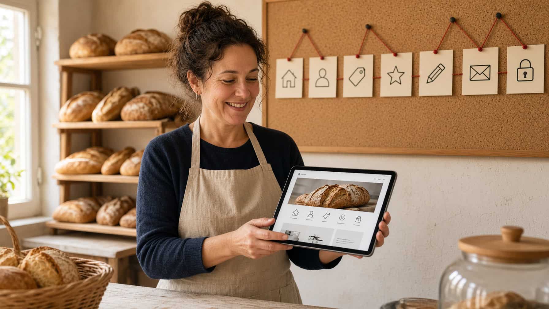 Smiling bakery owner holding a tablet that shows her website, with seven icon cards (house, person, tag, star, pencil, envelope and padlock) pinned to a corkboard behind her like a site map.