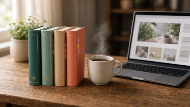 Four matching hardcover books in teal, sage, tan and coral standing in a row like a book series on a wooden desk, next to a steaming mug of coffee and a laptop showing a blog.