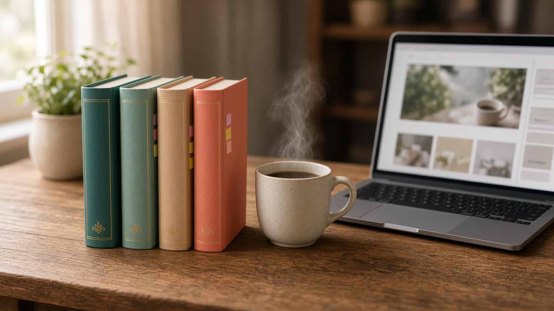Four matching hardcover books in teal, sage, tan and coral standing in a row like a book series on a wooden desk, next to a steaming mug of coffee and a laptop showing a blog.