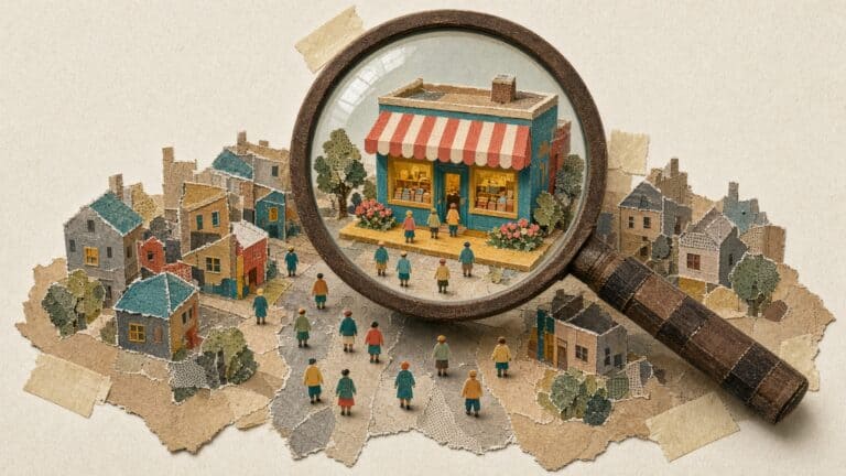 Paper collage of a small town with a magnifying glass enlarging one colorful shop with a striped awning, as tiny paper people walk toward it.