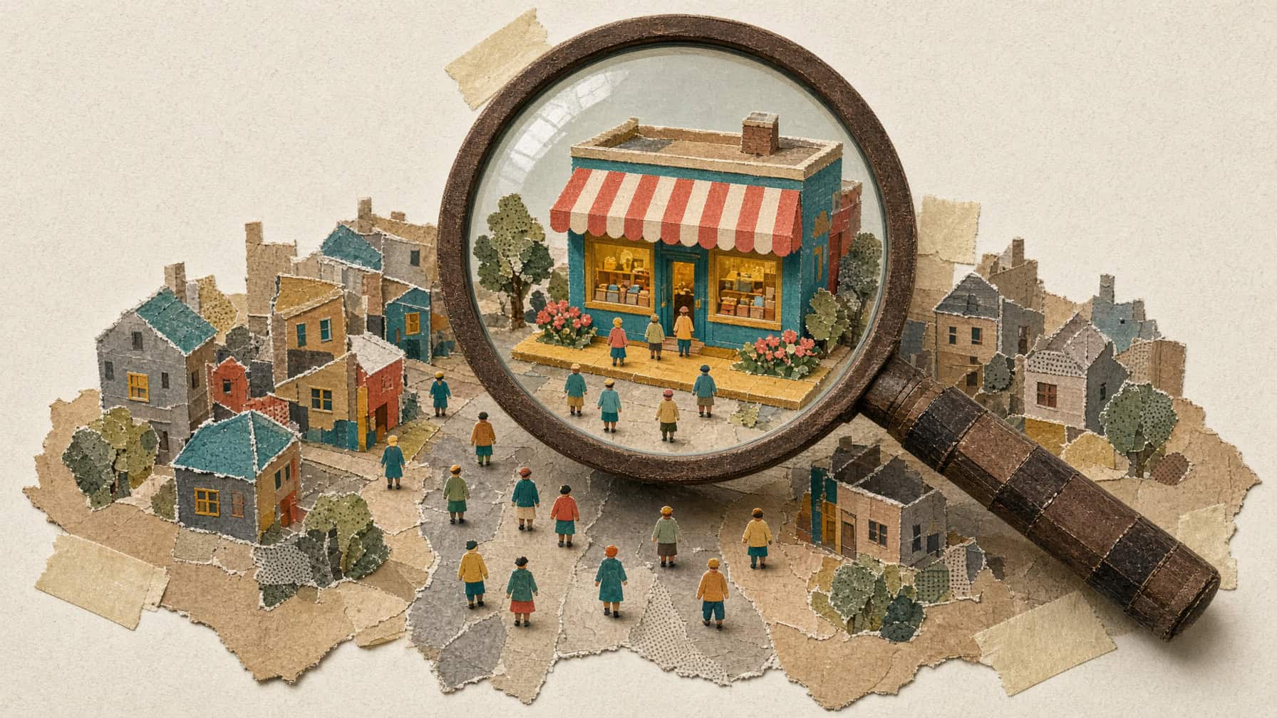 Paper collage of a small town with a magnifying glass enlarging one colorful shop with a striped awning, as tiny paper people walk toward it.